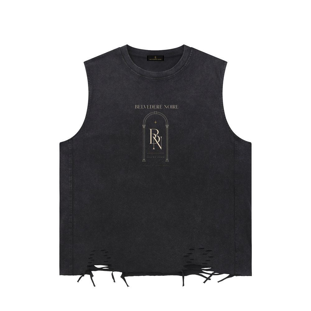 Belvedere Noire Snow Washed Raw-Hem Tank Top in black, 275gsm cotton vest, front view