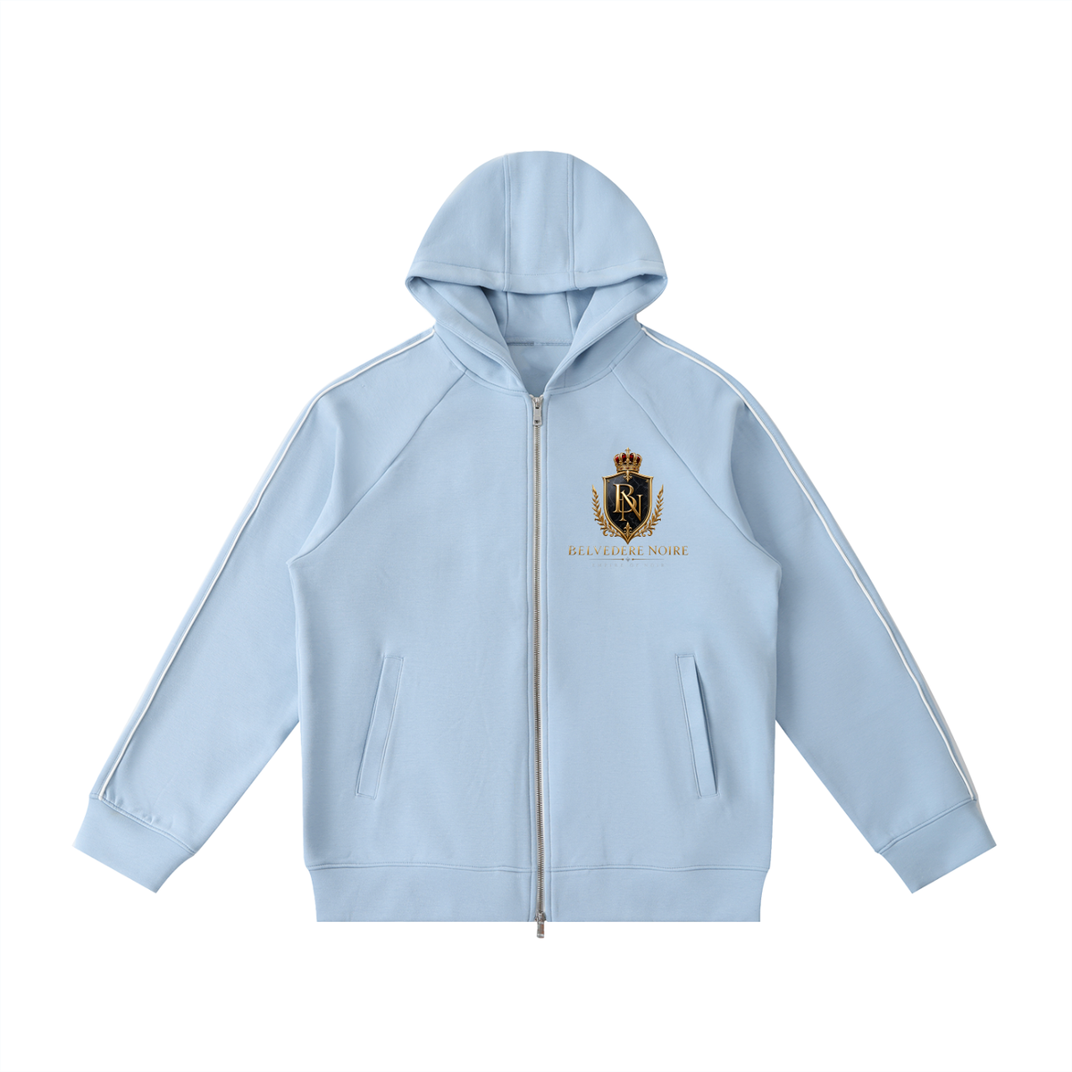 Lined hood and zip detail on the Belvedere Noire Heavyweight Raglan Zip Hoodie