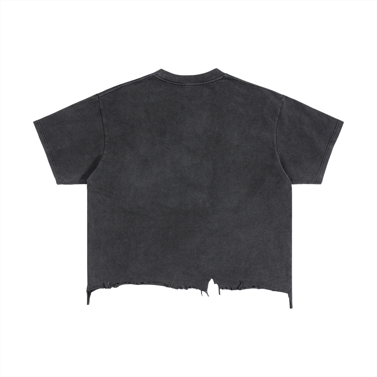 Belvedere Noire Vintage Wash Boxy Distressed Hem T-Shirt in charcoal, back view