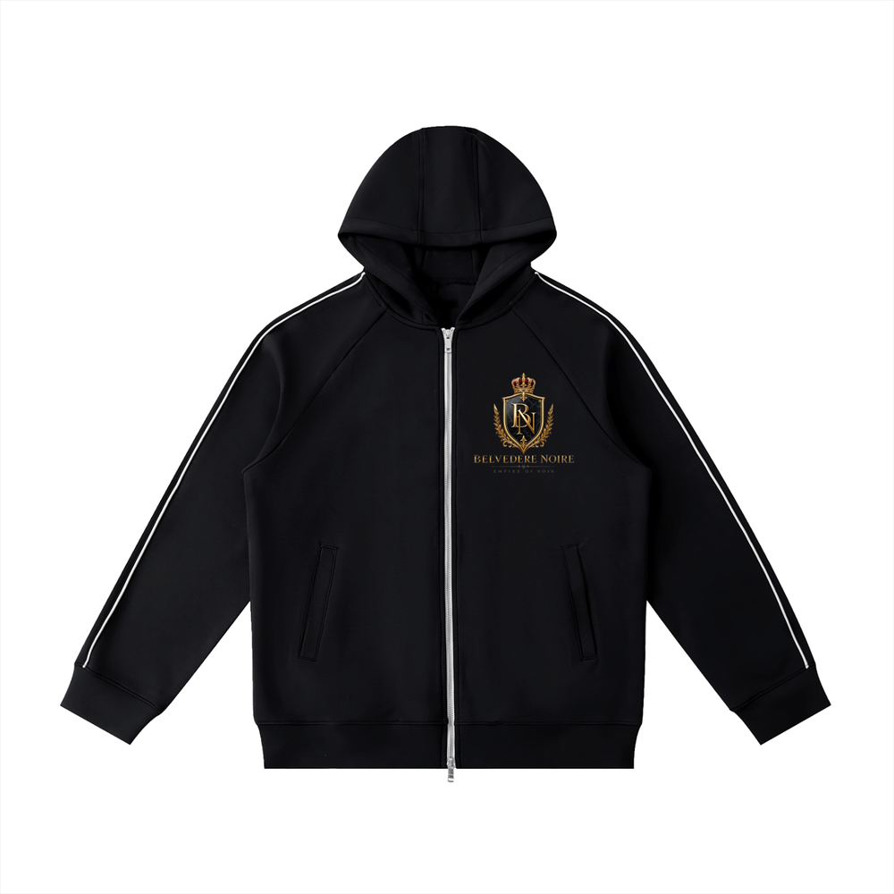 Belvedere Noire Heavyweight Raglan Zip Hoodie, 400gsm oversized unisex zip hoodie, front view