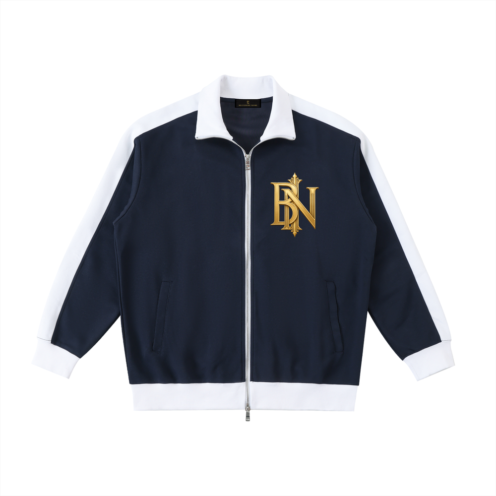 Belvedere Noire Contrast Trim Stand Collar Jacket in navy and white, 380gsm streetwear jacket, front view