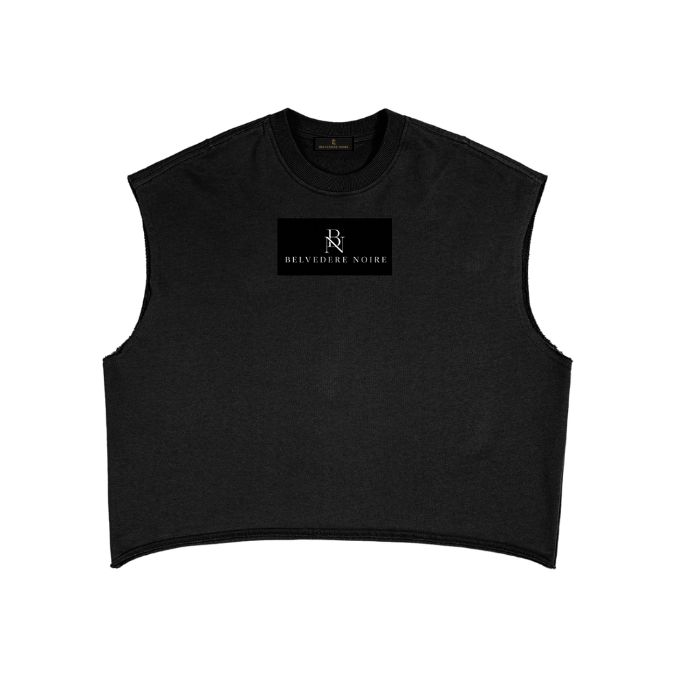 Belvedere Noire French Terry Boxy Tank Top in black, 340gsm heavyweight sleeveless vest, front view