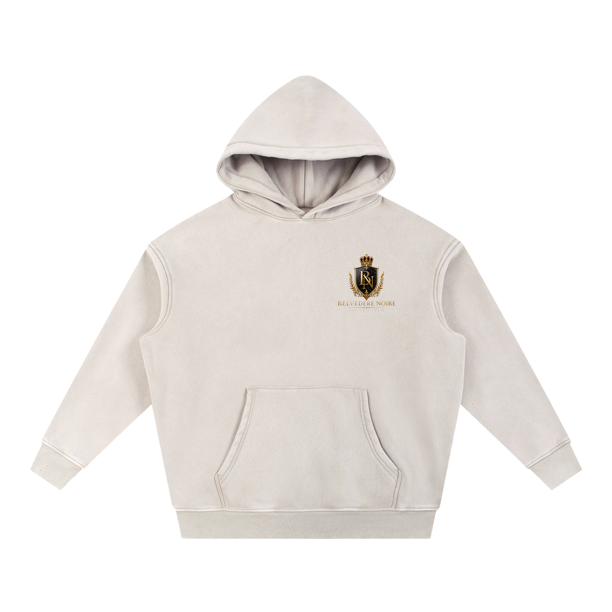 Snow wash finish detail on the Belvedere Noire fleece oversized hoodie