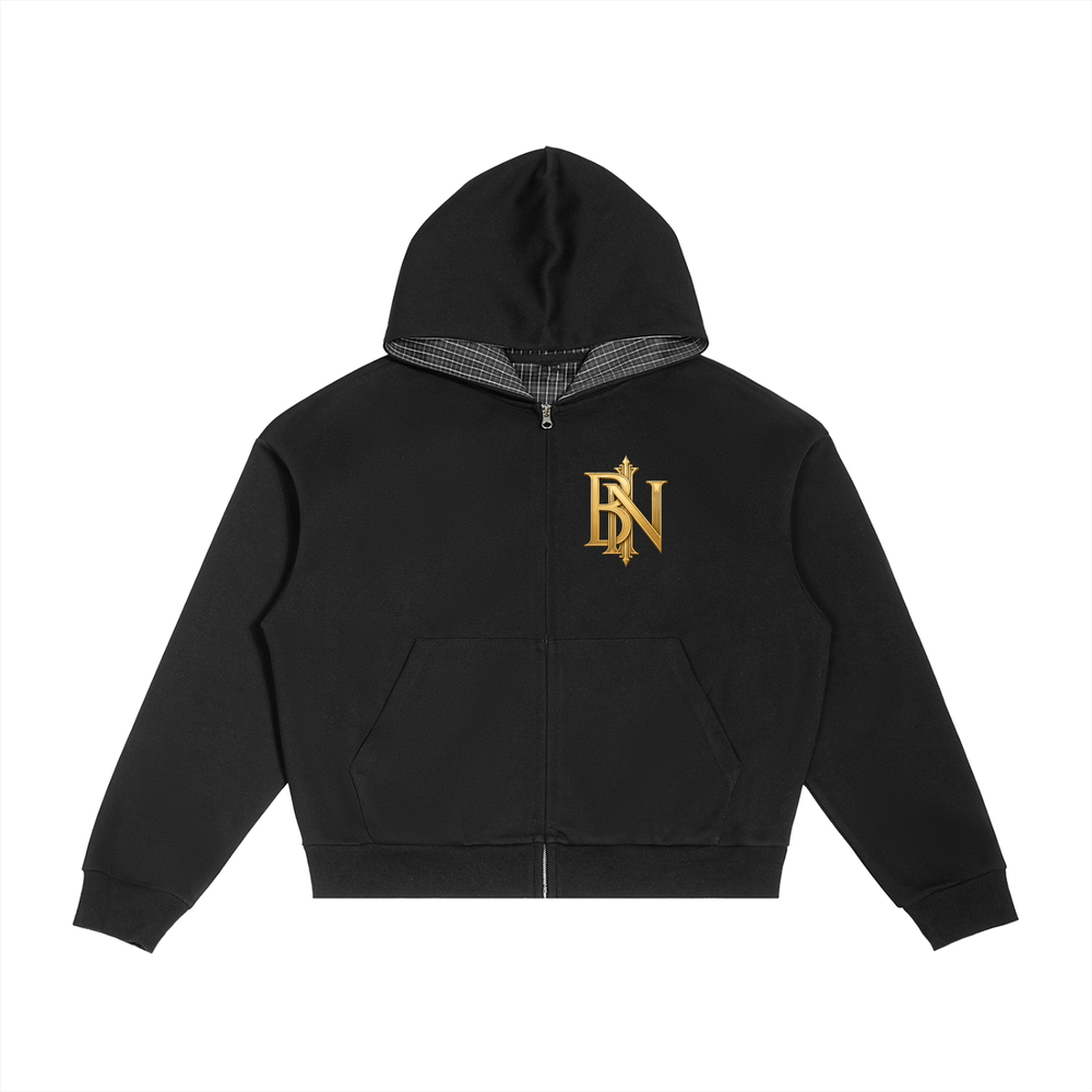 Belvedere Noire Contrast Plaid Boxy Zip Hoodie in black, 350gsm oversized hoodie, front view