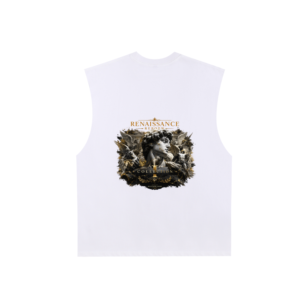 Belvedere Noire Raw Edge Cotton Tank Top in white, 230gsm sleeveless vest, front view