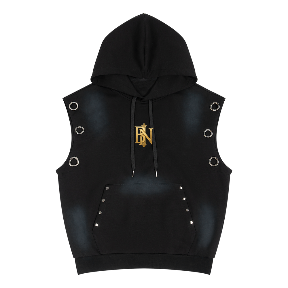 Belvedere Noire Vintage Wash Sleeveless Hoodie, 370gsm sun fade hooded vest, front view