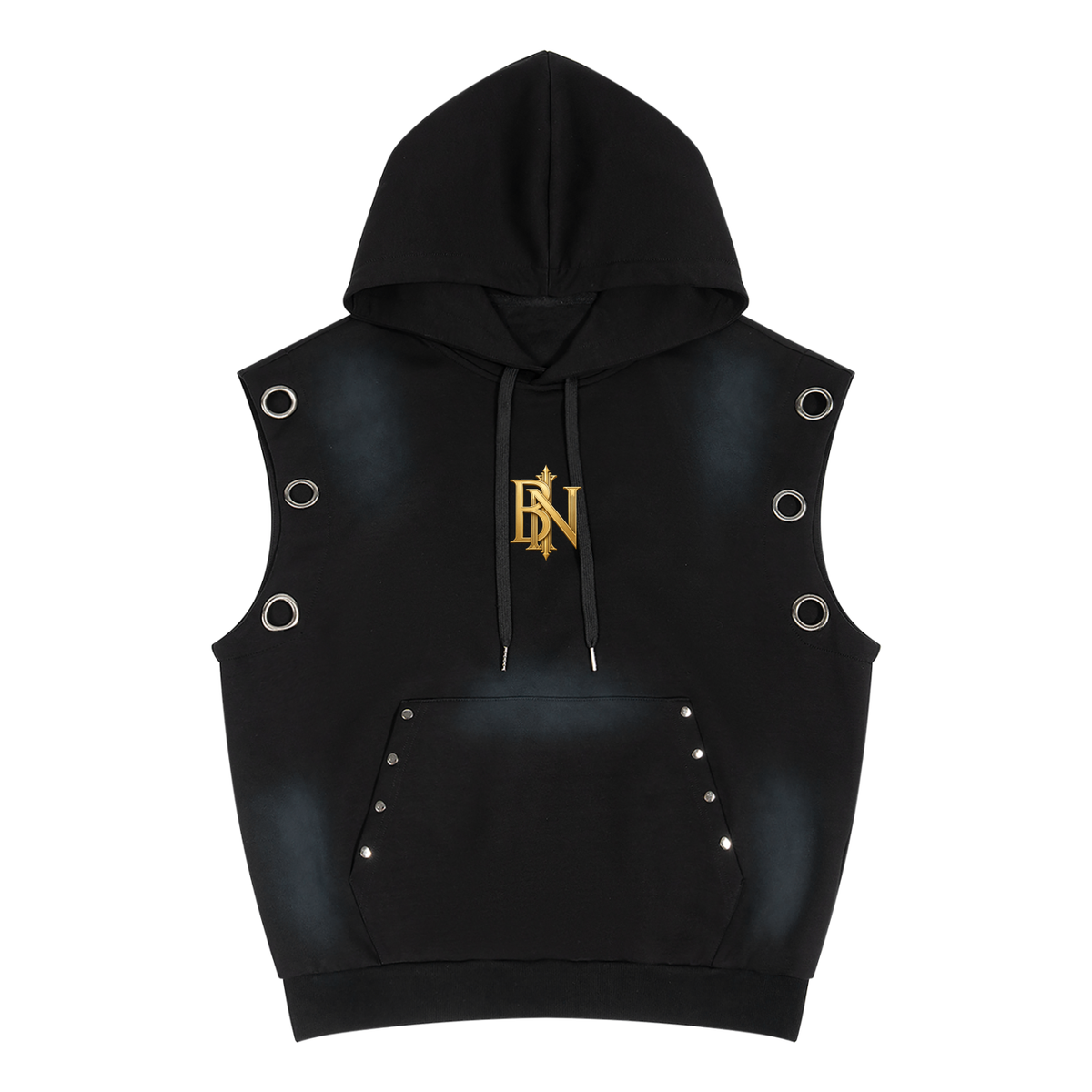 Belvedere Noire Vintage Wash Sleeveless Hoodie, 370gsm sun fade hooded vest, front view
