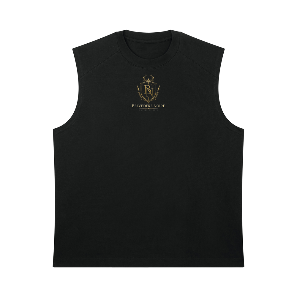 Belvedere Noire Heavyweight Tank Top in black, 300gsm cotton sleeveless vest, front view