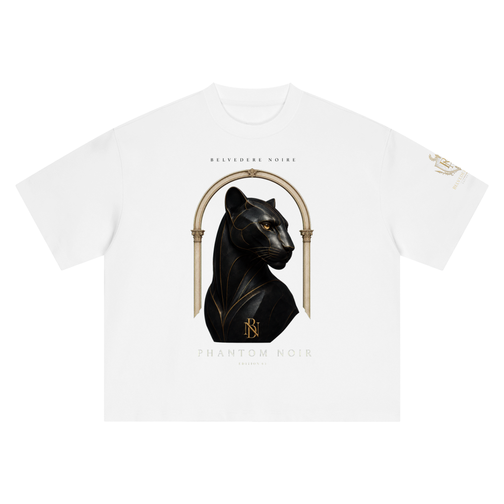 Belvedere Noire Boxy Oversized T-Shirt in white, unisex premium cotton tee, front view