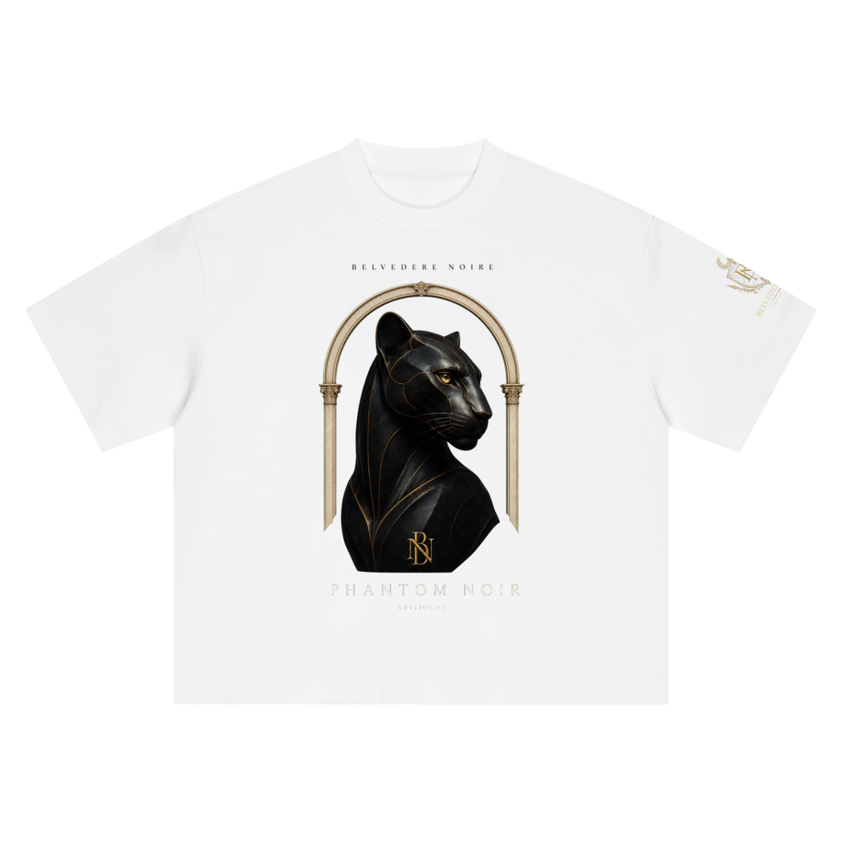 Belvedere Noire Boxy Oversized T-Shirt in white, unisex premium cotton tee, front view