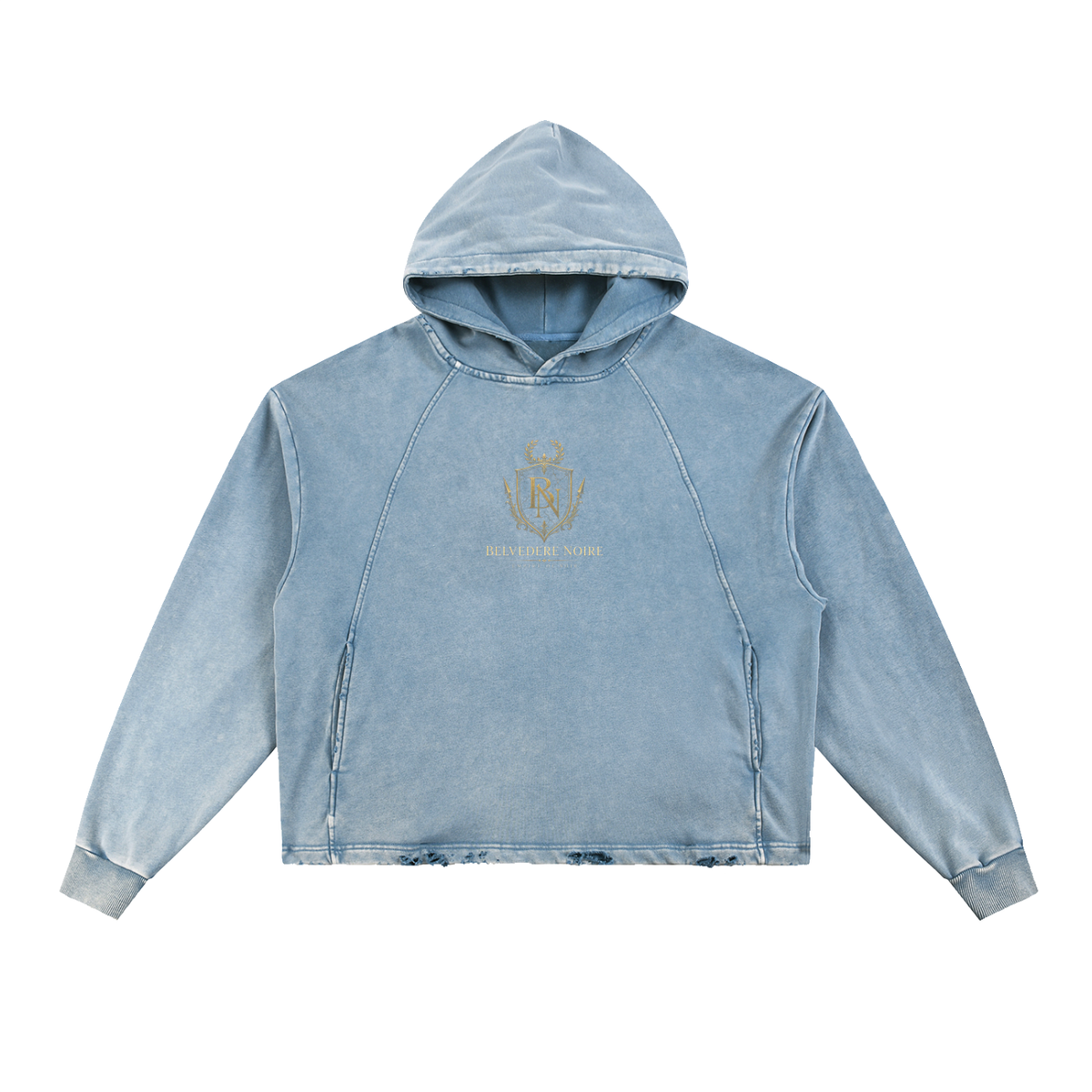 Belvedere Noire Vintage Washed Frayed-Hem Hoodie in blue, back view
