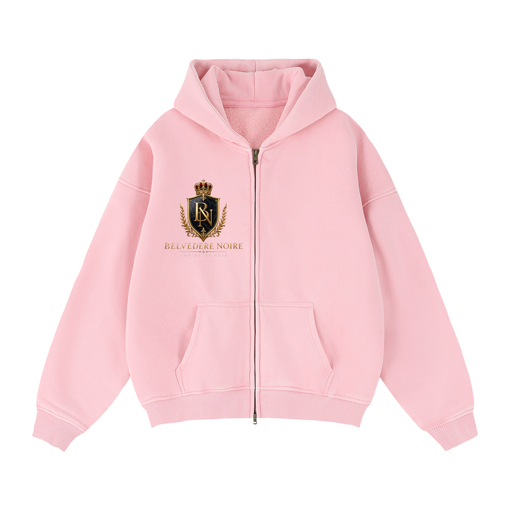 Belvedere Noire Zip-Through Boxy Fleece Hoodie, 355gsm oversized zip hoodie, front view