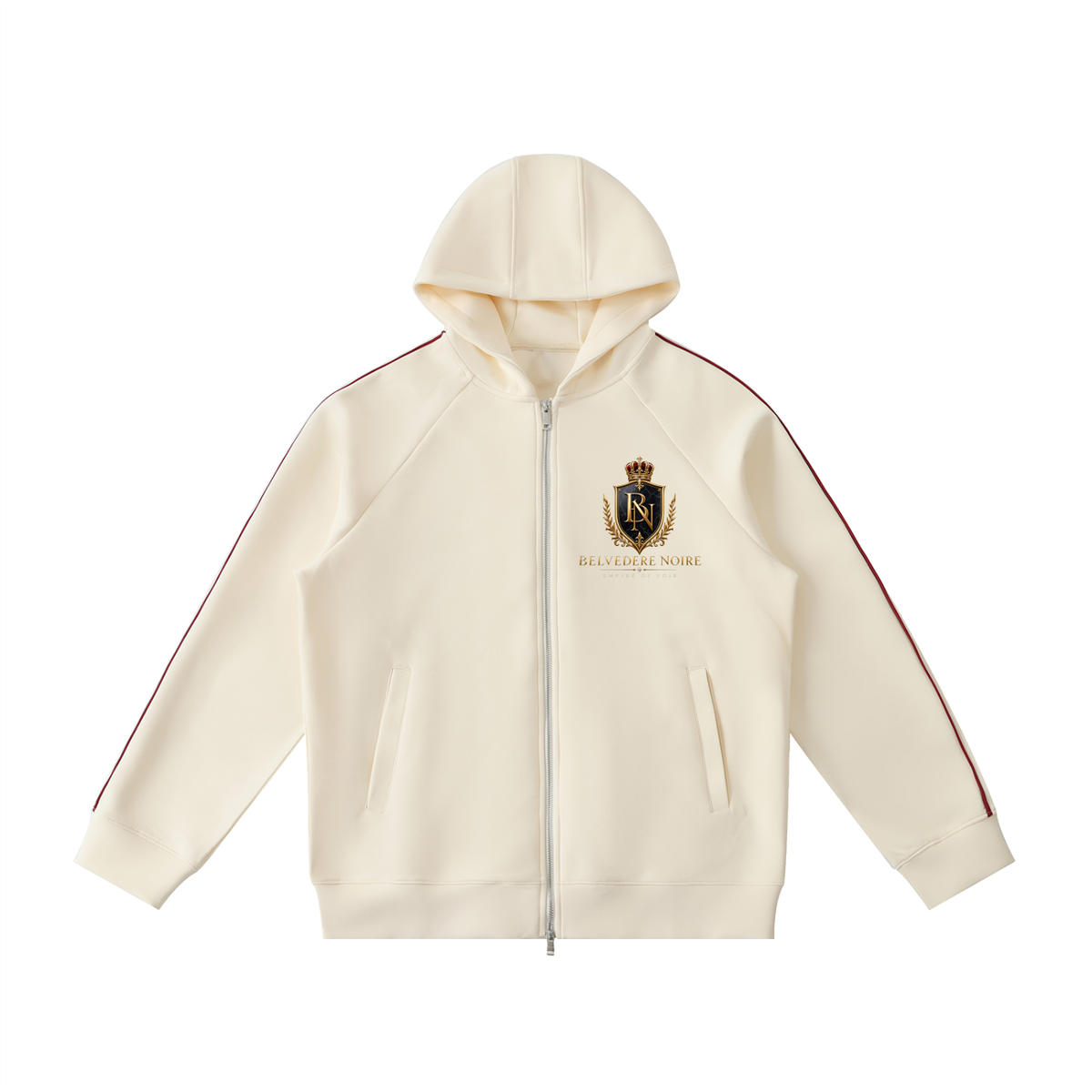 400gsm heavyweight fabric detail on the Belvedere Noire raglan zip hoodie