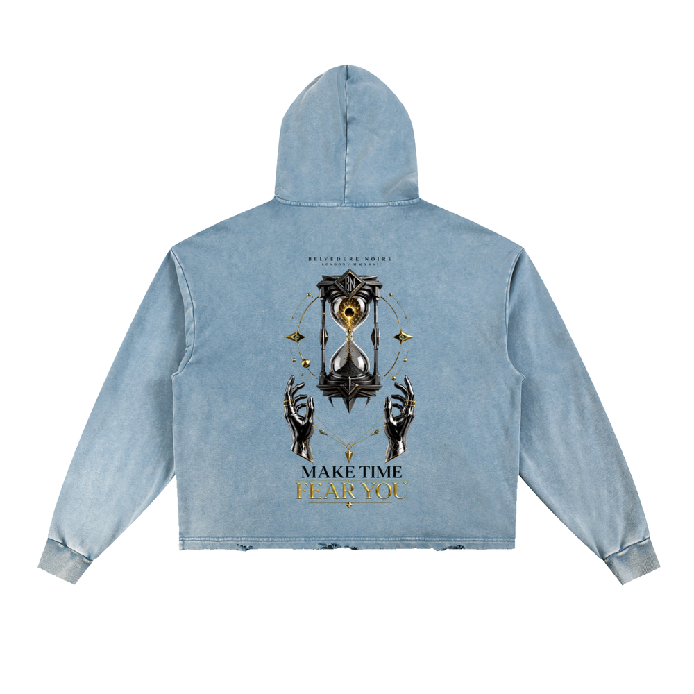 Belvedere Noire Vintage Washed Frayed-Hem Hoodie in blue, 340gsm distressed hoodie, front view