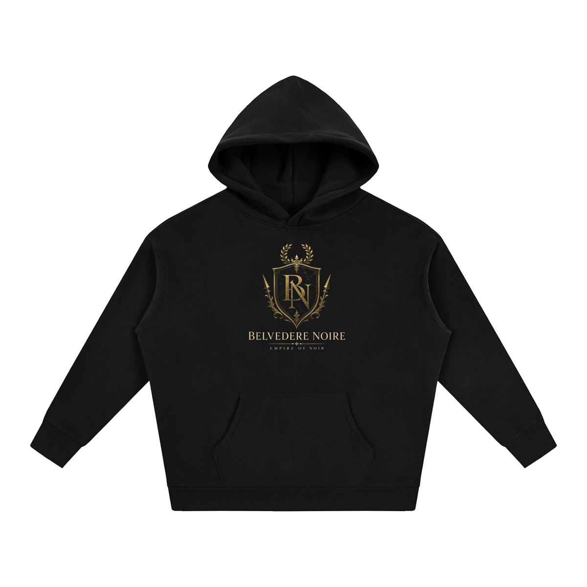 Belvedere Noire Oversize Fleeced Hoodie in black, 350gsm fleece hoodie, front view