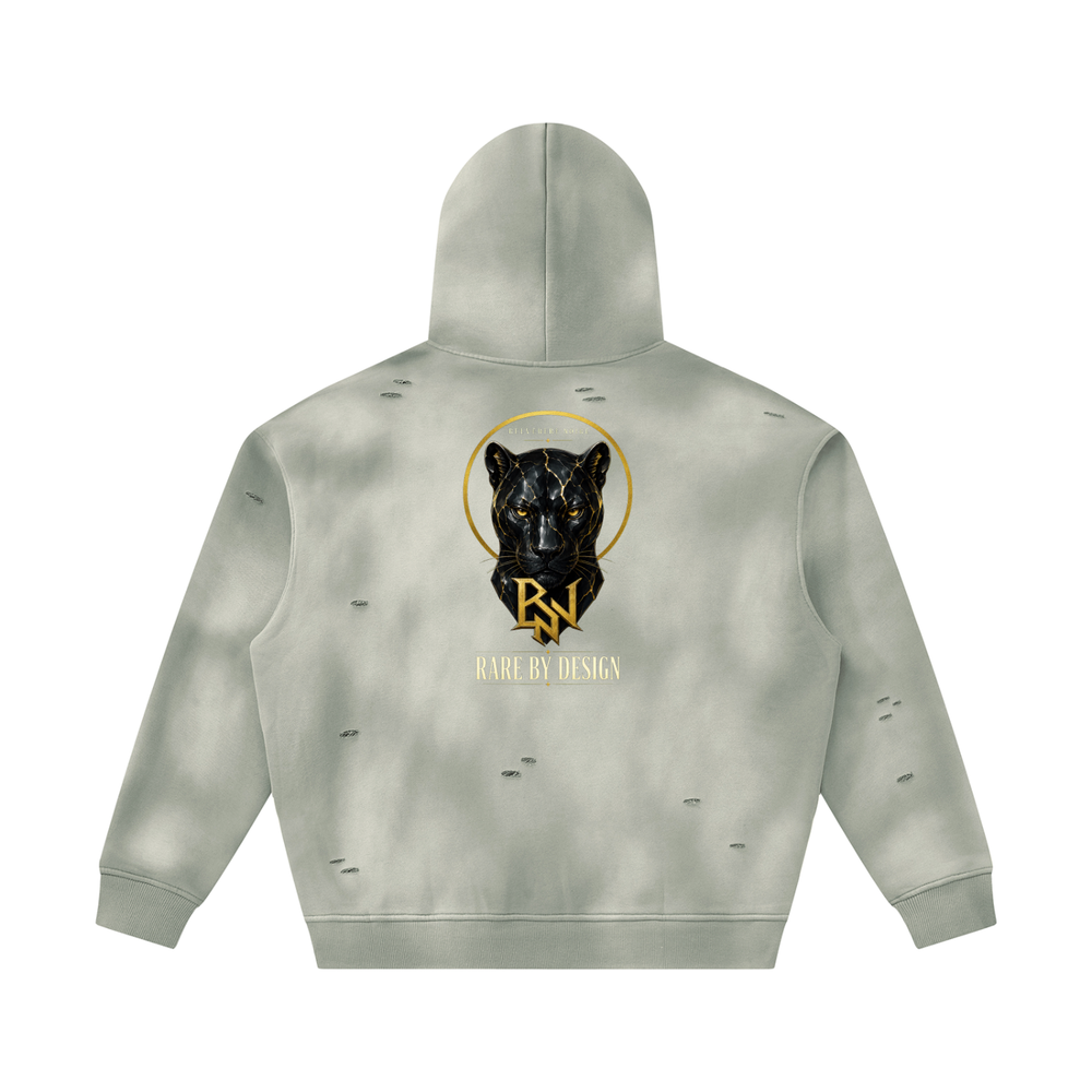 Belvedere Noire Sunfade Frayed Fleece Hoodie in light grey, 350gsm distressed hoodie, front view