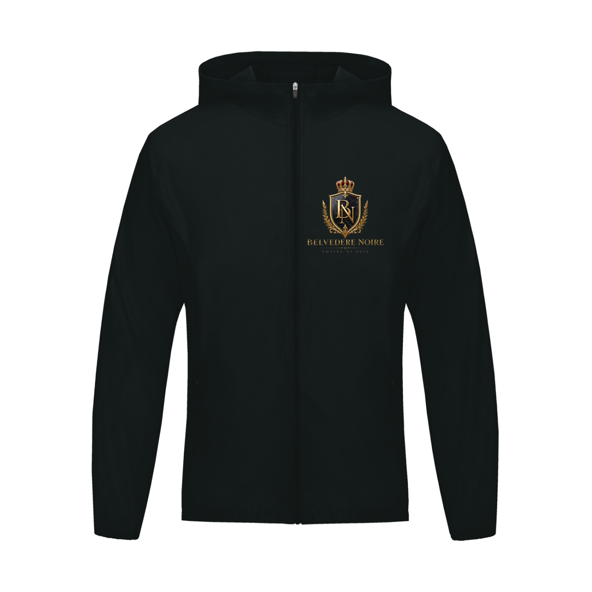 Full-length zip detail on the Belvedere Noire hooded sports jacket