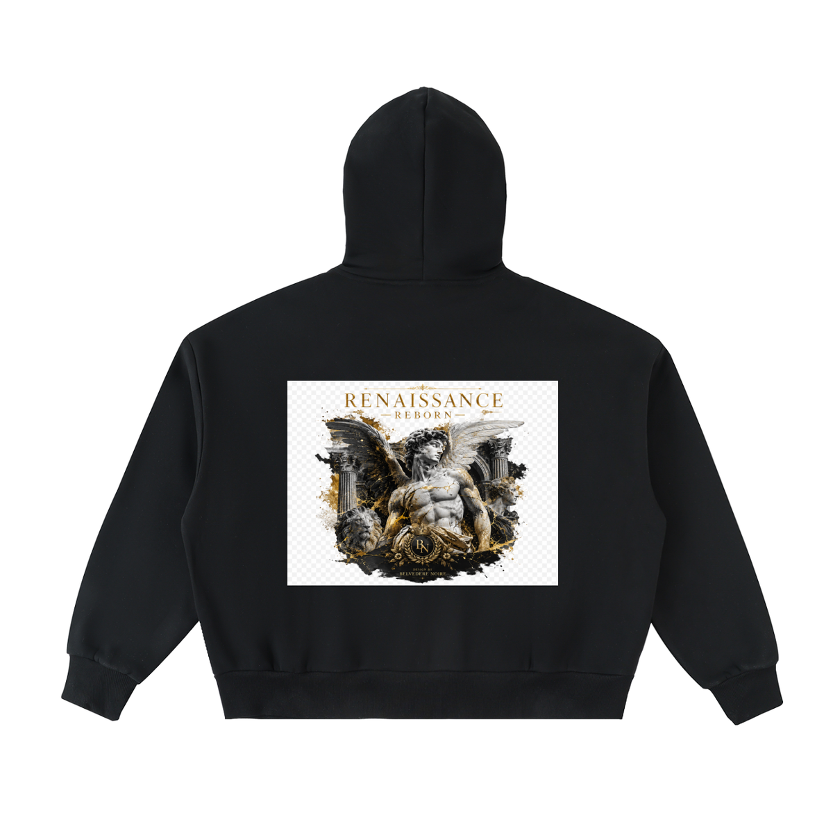 Belvedere Noire Fleeced Full-Zip Boxy Hoodie in black, back view