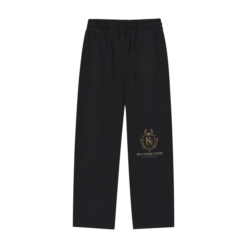 Belvedere Noire Reflection Striped Straight-Leg Sweatpants in black, unisex streetwear joggers, front view