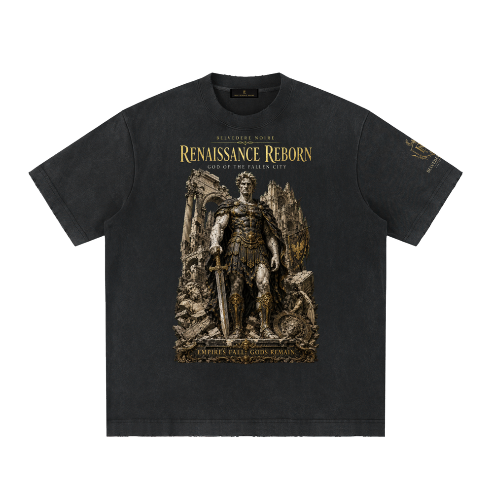 Belvedere Noire Heavyweight Vintage Washed Frayed T-Shirt in black, 430gsm oversized cotton tee, front view