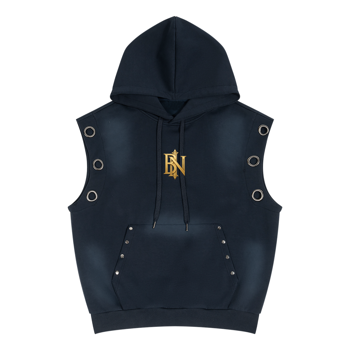 Dropped armhole detail on the Belvedere Noire sleeveless hooded vest