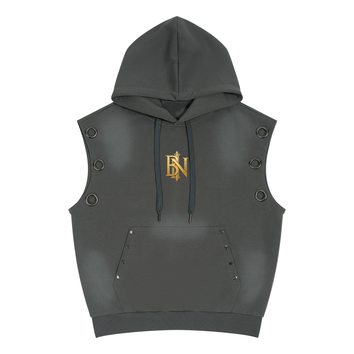Sun fade vintage wash detail on the Belvedere Noire sleeveless hoodie