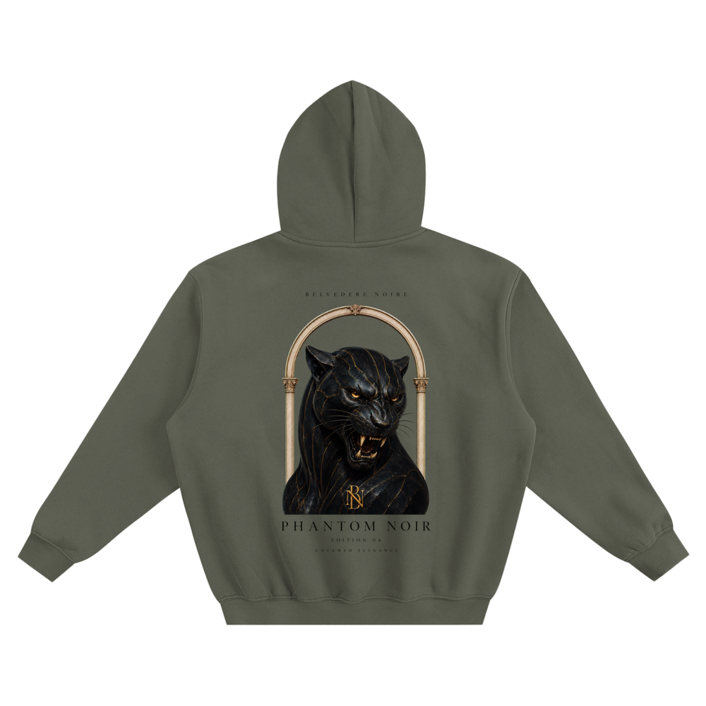 Belvedere Noire Fleeced Boxy Hoodie in dark grey, unisex oversized fleece hoodie, front view