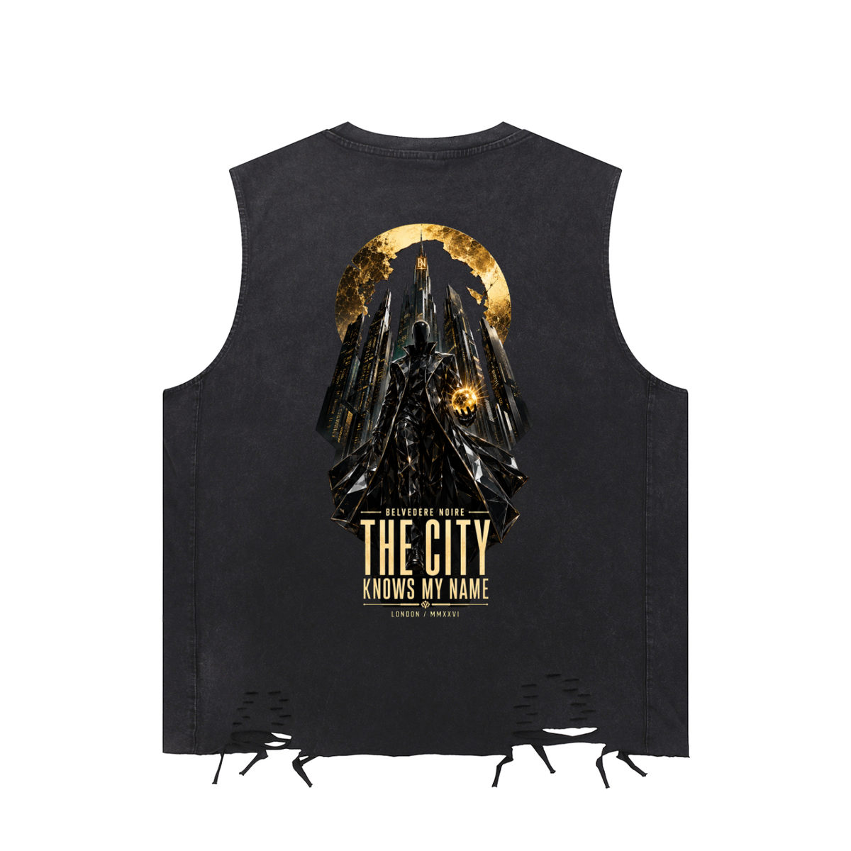Belvedere Noire Snow Washed Raw-Hem Tank Top in black, back view