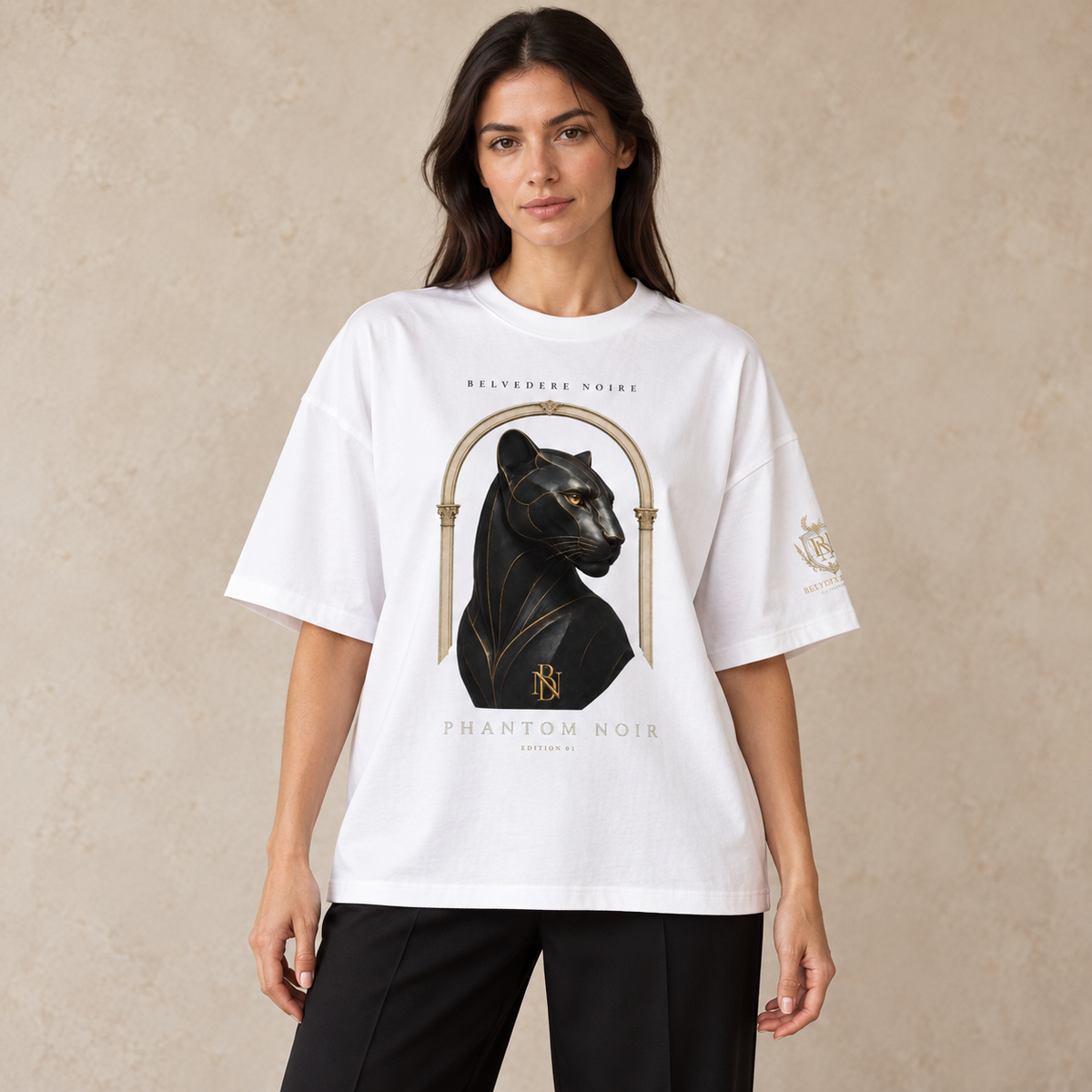 Model wearing the white Boxy Oversized T-Shirt with panther print