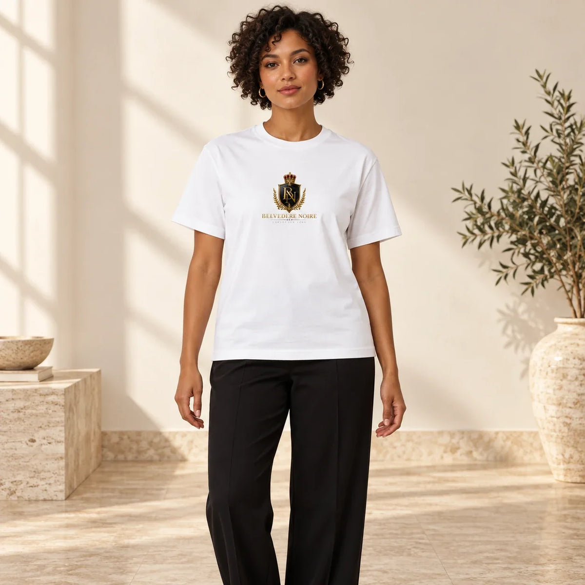 BELVEDERE NOIRE White crest T-shirt, studio front view, AI product mockup