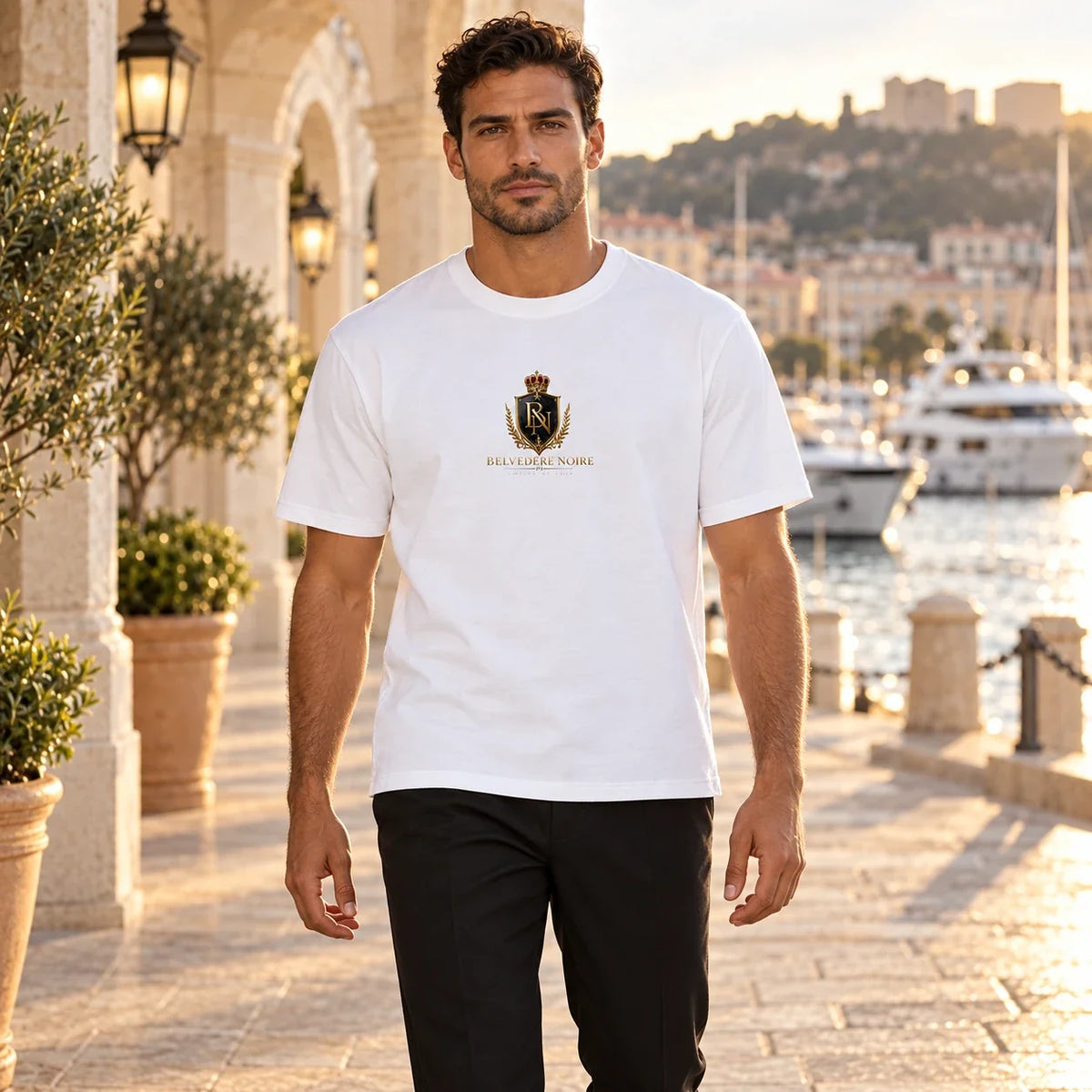 BELVEDERE NOIRE White crest T-shirt, marina front view, AI product mockup