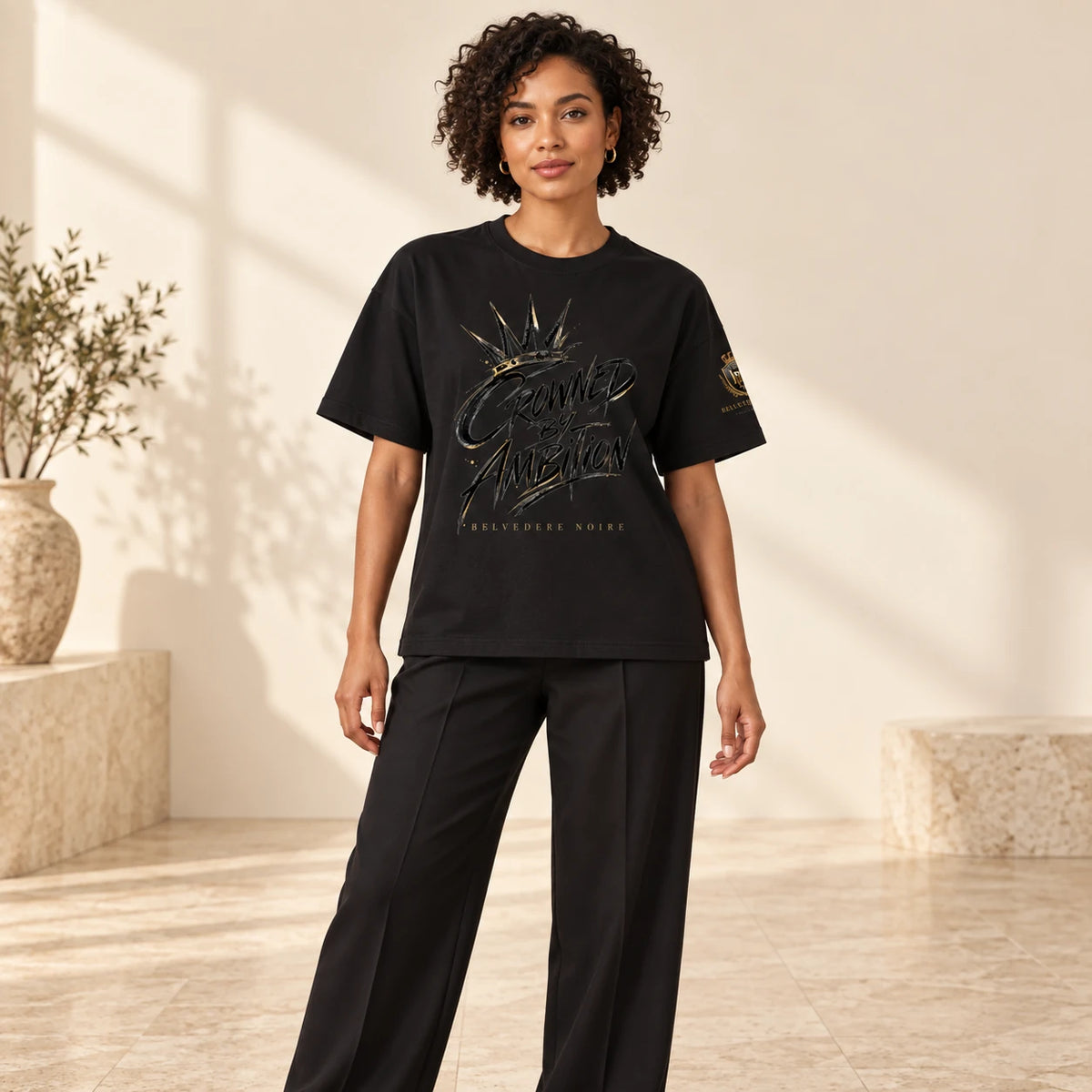 BELVEDERE NOIRE Crowned by Ambition black T-shirt, studio front view, AI product mockup