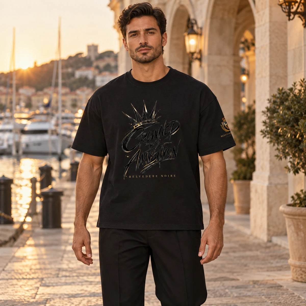 BELVEDERE NOIRE Crowned by Ambition black T-shirt, marina front view, AI product mockup