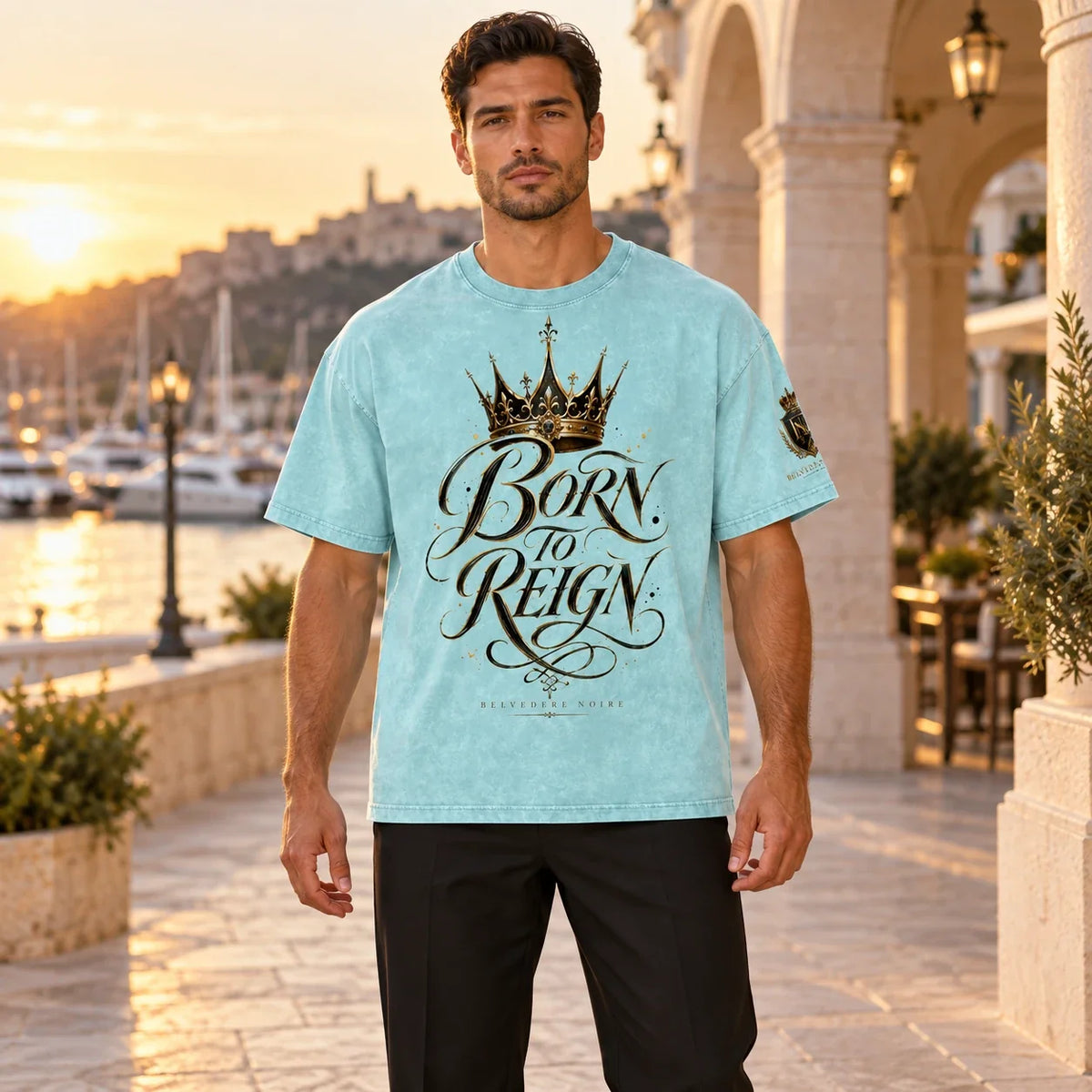 BELVEDERE NOIRE Aqua Born to Reign T-shirt, marina front view, AI product mockup