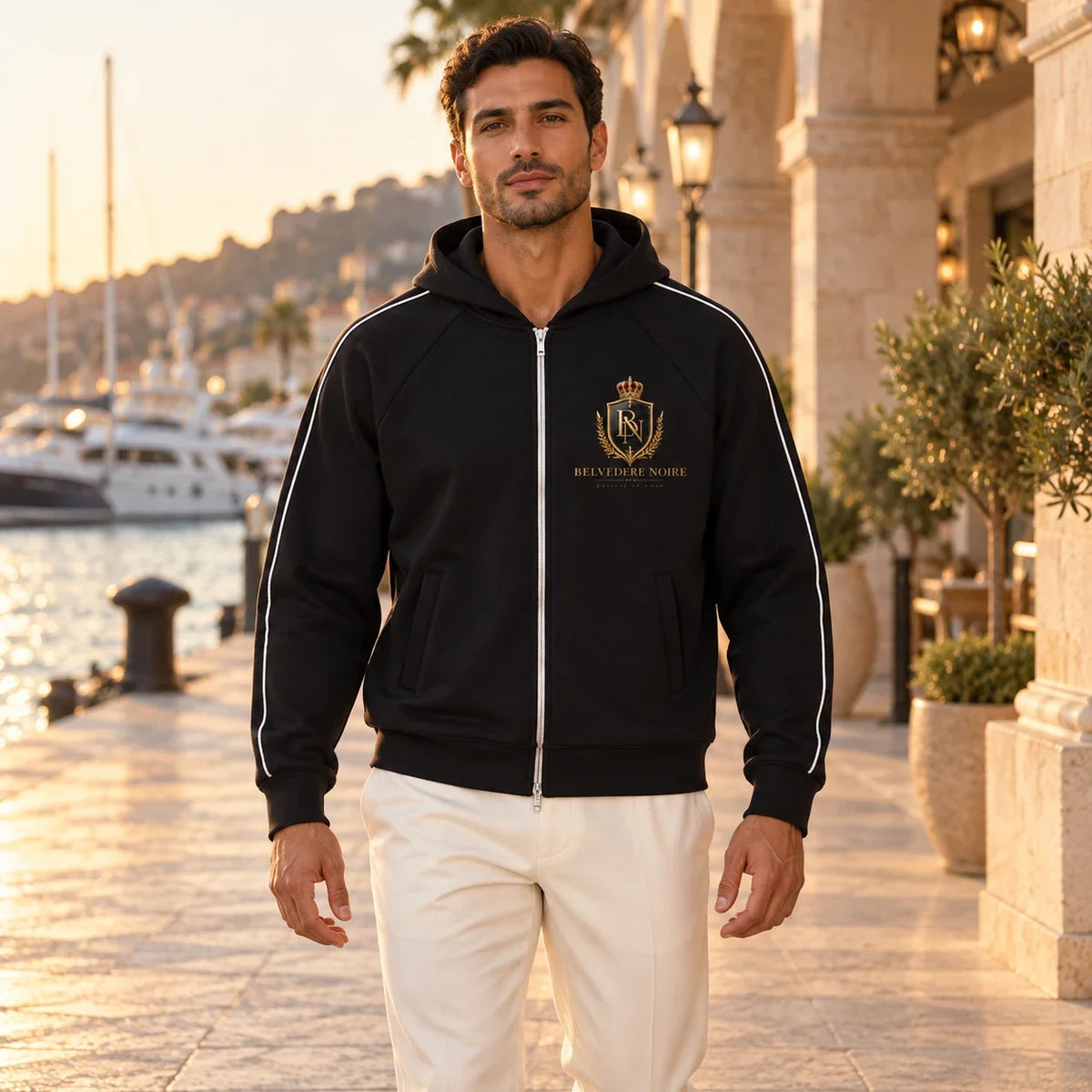 BELVEDERE NOIRE Black piped zip hoodie, marina front view, AI product mockup