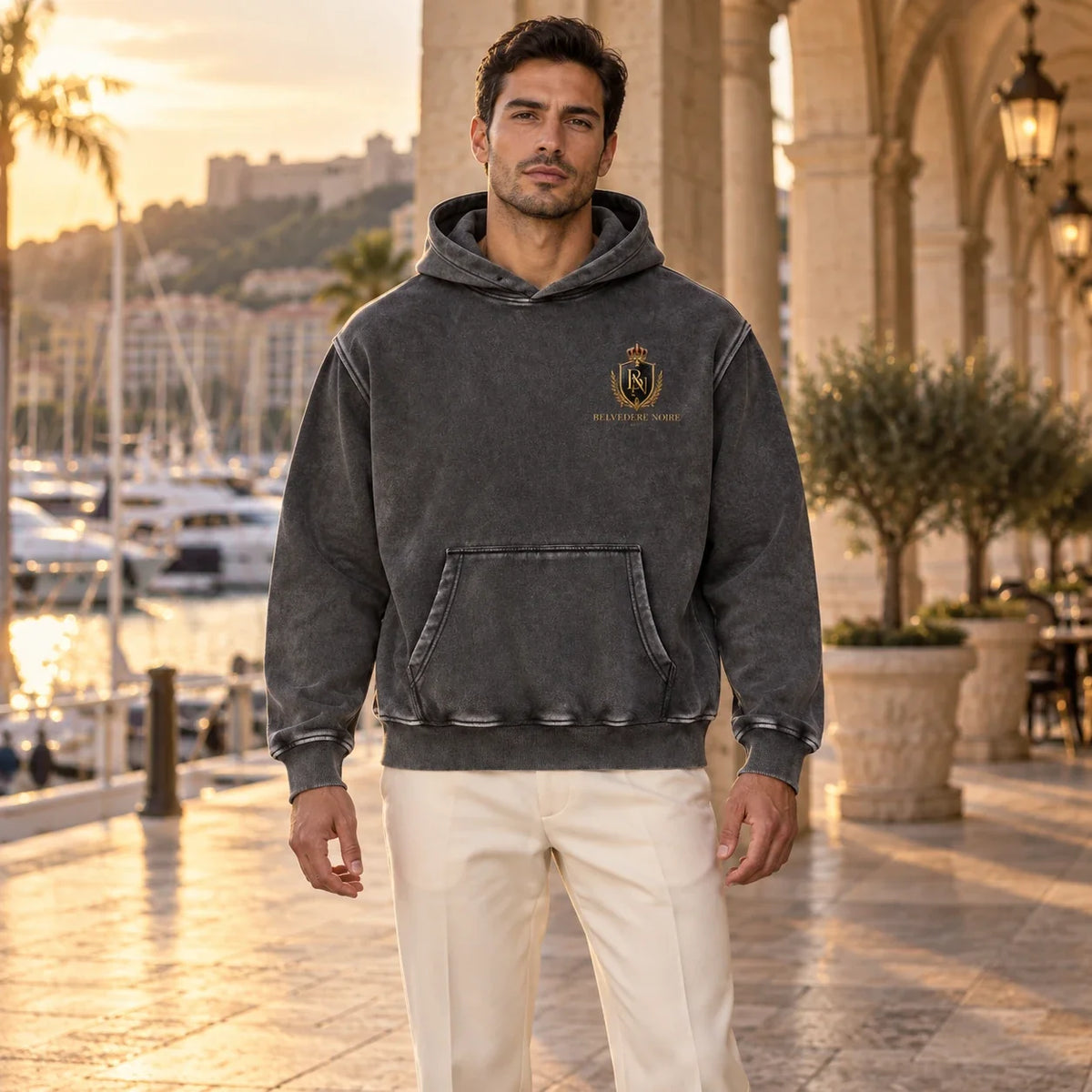 BELVEDERE NOIRE Charcoal washed hoodie, marina front view, AI product mockup
