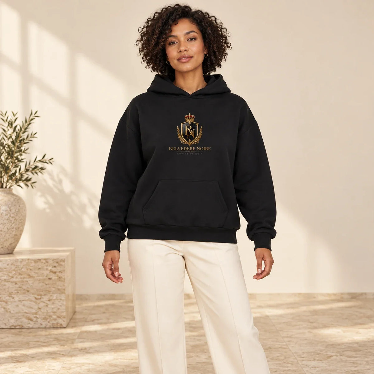BELVEDERE NOIRE Black centre-crest hoodie, studio front view, AI product mockup