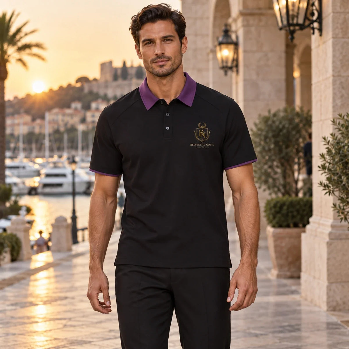 BELVEDERE NOIRE Black and purple contrast polo, marina front view, AI product mockup