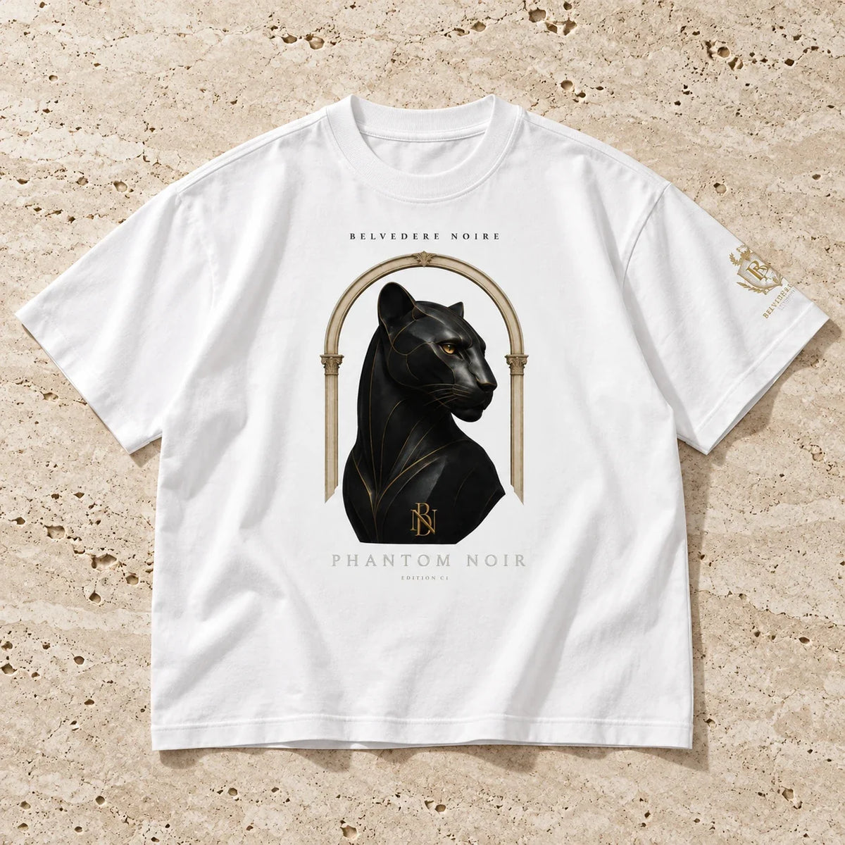 White Boxy Oversized T-Shirt flat lay on travertine