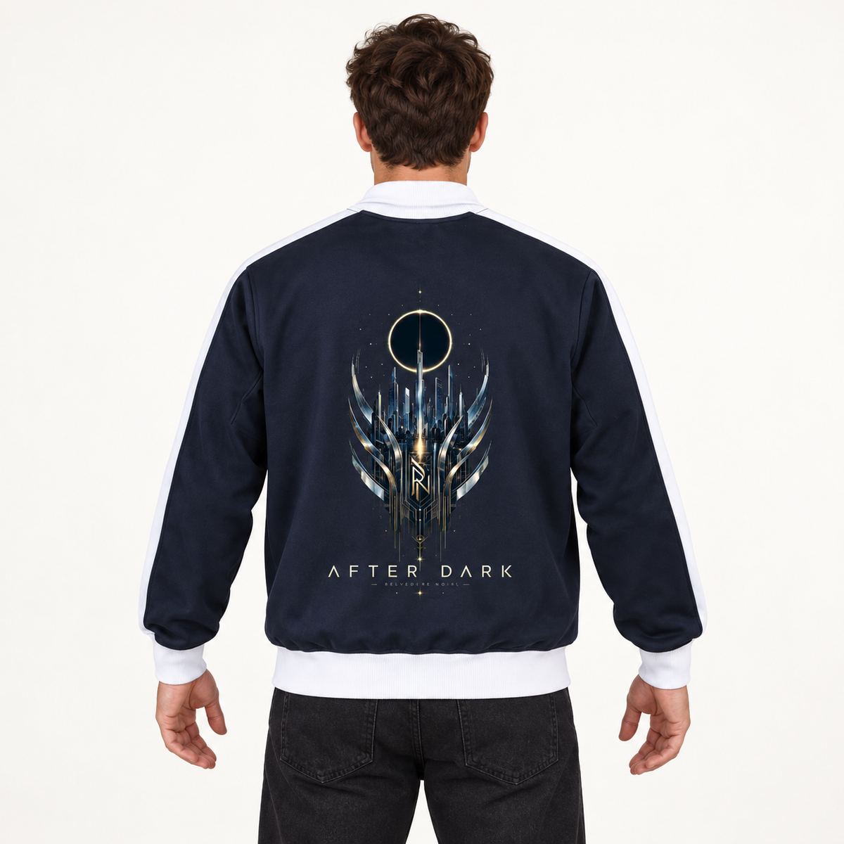 Model wearing the navy and white Contrast Trim Stand Collar Jacket, back view