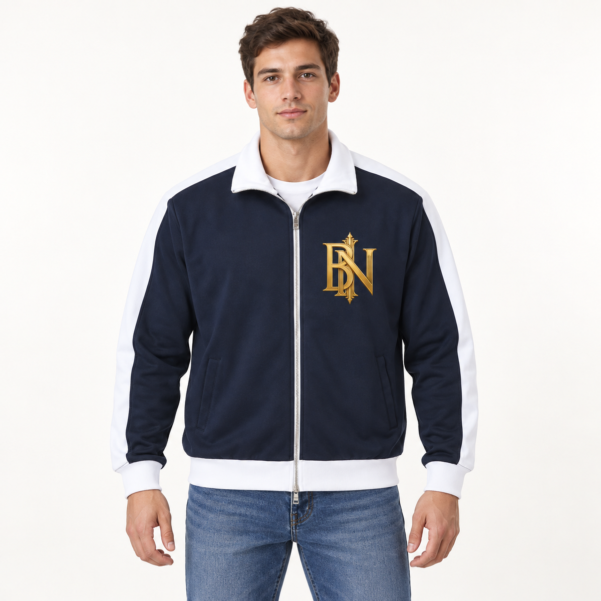 Model wearing the navy and white Contrast Trim Stand Collar Jacket, front view