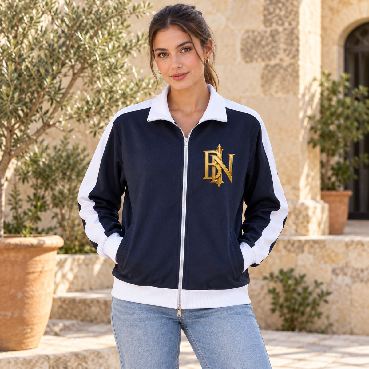 Model wearing the navy and white Contrast Trim Stand Collar Jacket, lifestyle view