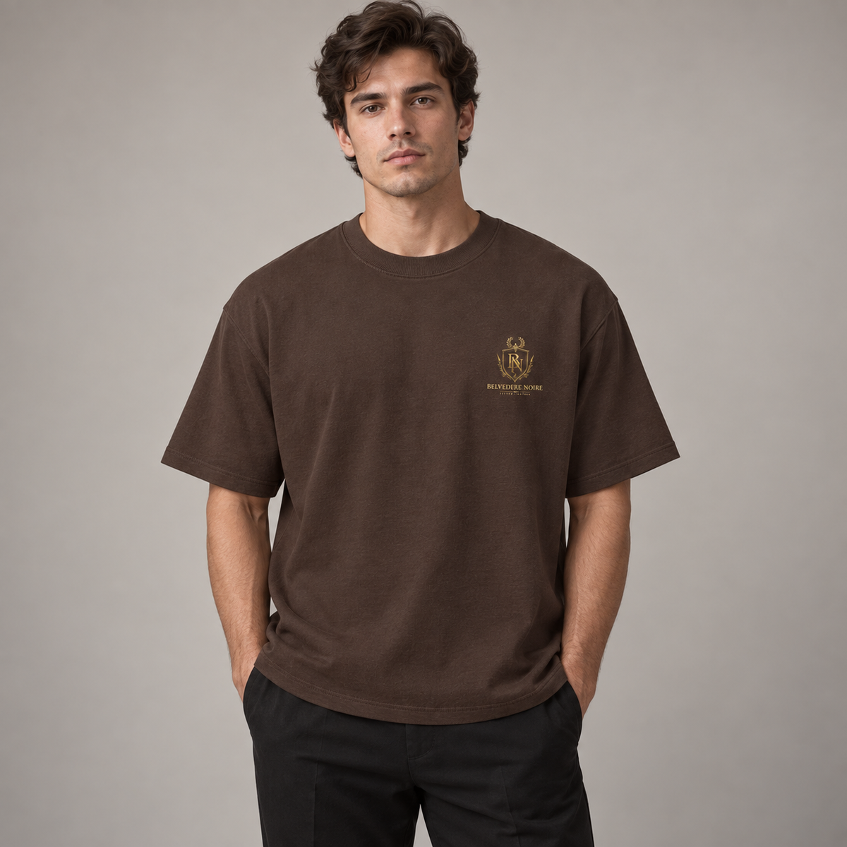 Model wearing the brown 300gsm Oversized T-Shirt, front view