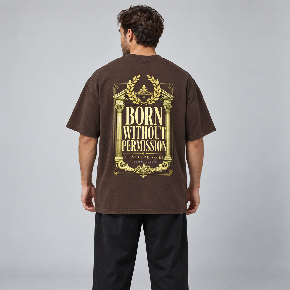 Model wearing the brown 300gsm Oversized T-Shirt, back view