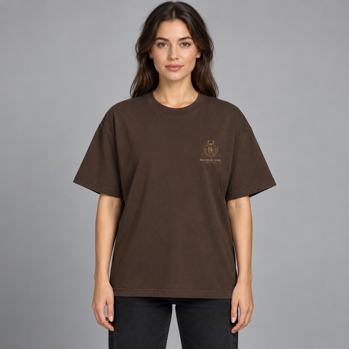 Model wearing the brown 300gsm Oversized T-Shirt, front view