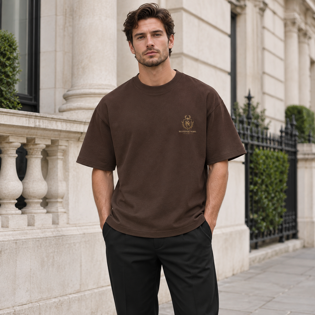 Model wearing the brown 300gsm Oversized T-Shirt outdoors