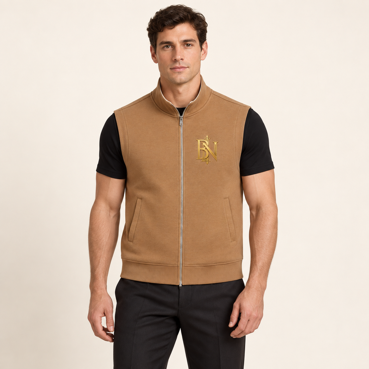 Model wearing the camel Essential Heavyweight Vest, front view