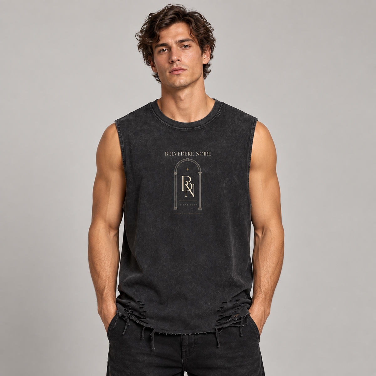 AI styling mockup: male front view in black Belvedere Noire Snow Washed Raw-Hem Tank Top