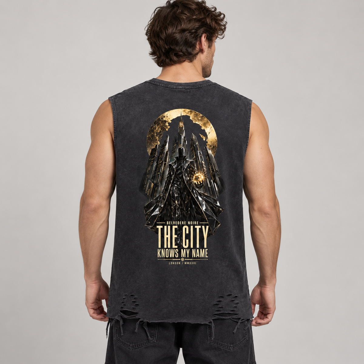 AI styling mockup: male back view in black The City Knows My Name raw-hem tank top