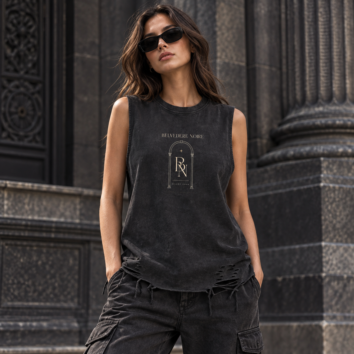 AI styling mockup: female lifestyle front view in black snow-washed raw-hem tank top